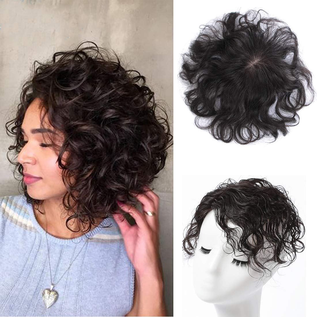 Maery 5x3 Full Handmade Silk Base 100% Real Human Hair Topper for Women with Thinning Hair - Curly Wavy Clip-in Hairpiece for Gray Coverage & Hairline (7