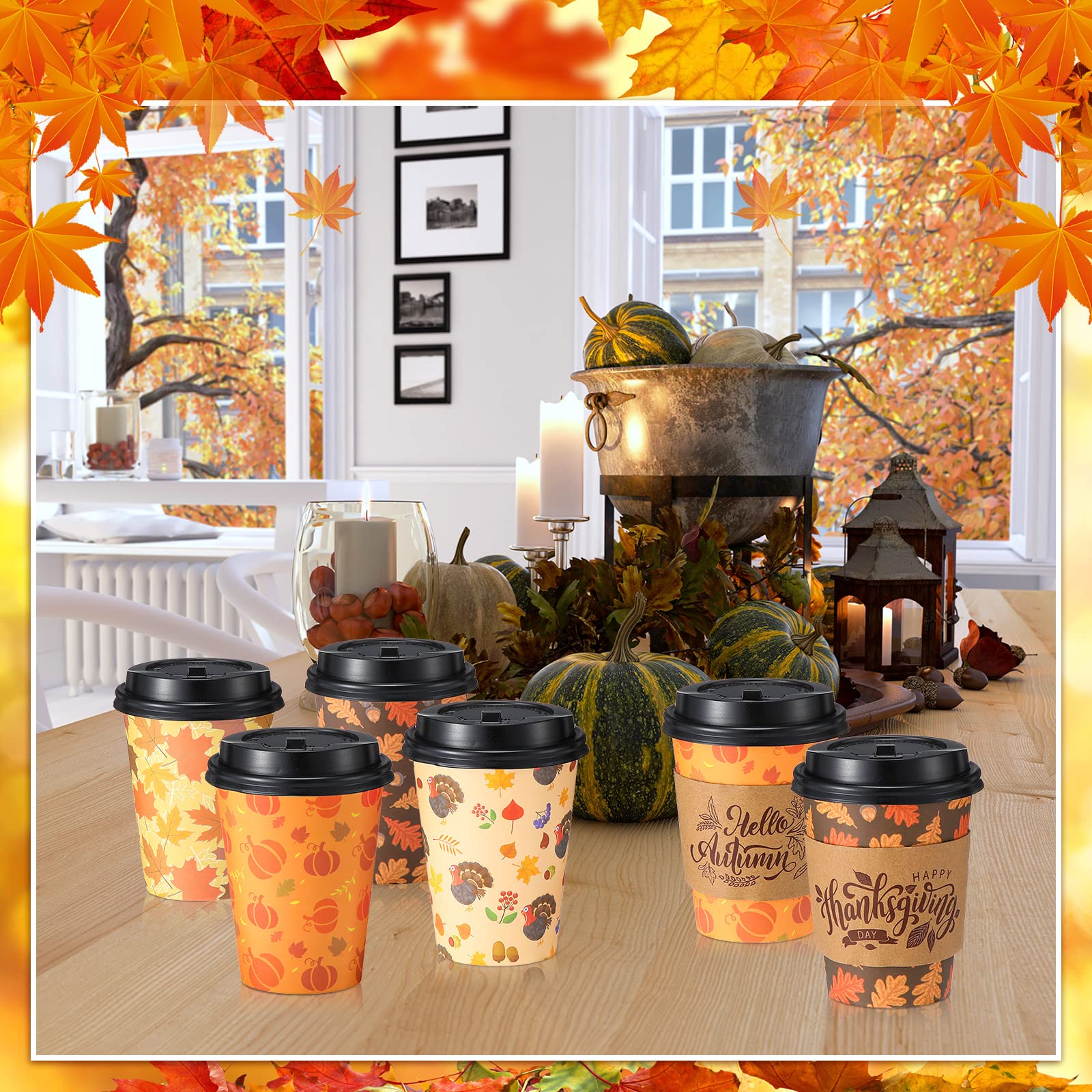 Yungyan 100-Pack 12oz Disposable Paper Coffee Cups with Dome Lids & Sleeves - Insulated Fall/Thanksgiving Cups for Hot & Cold Drinks - Perfect for Autumn Parties, Thanksgiving Dinner, and Holiday Gatherings