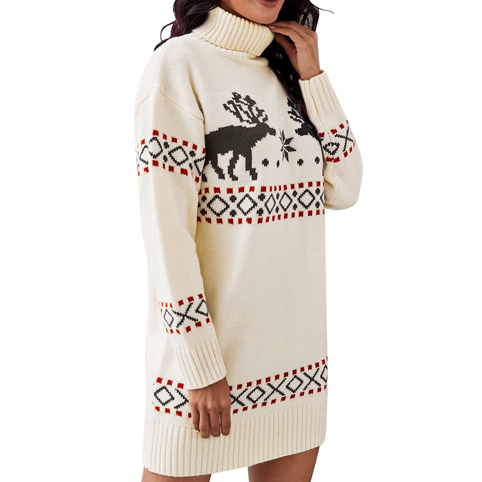 Pacoco Women's Long Sleeve Turtleneck Sweater Dress - Color Block Knit Beige Winter Outfit for Christmas, Parties & Casual Wear