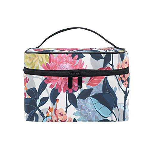 Hengpai Floral Cosmetic Bag for Women - Pink, Yellow, Blue Flowers Makeup Train Case & Travel Storage Organizer - Perfect for Travel, Gym, and Everyday Use