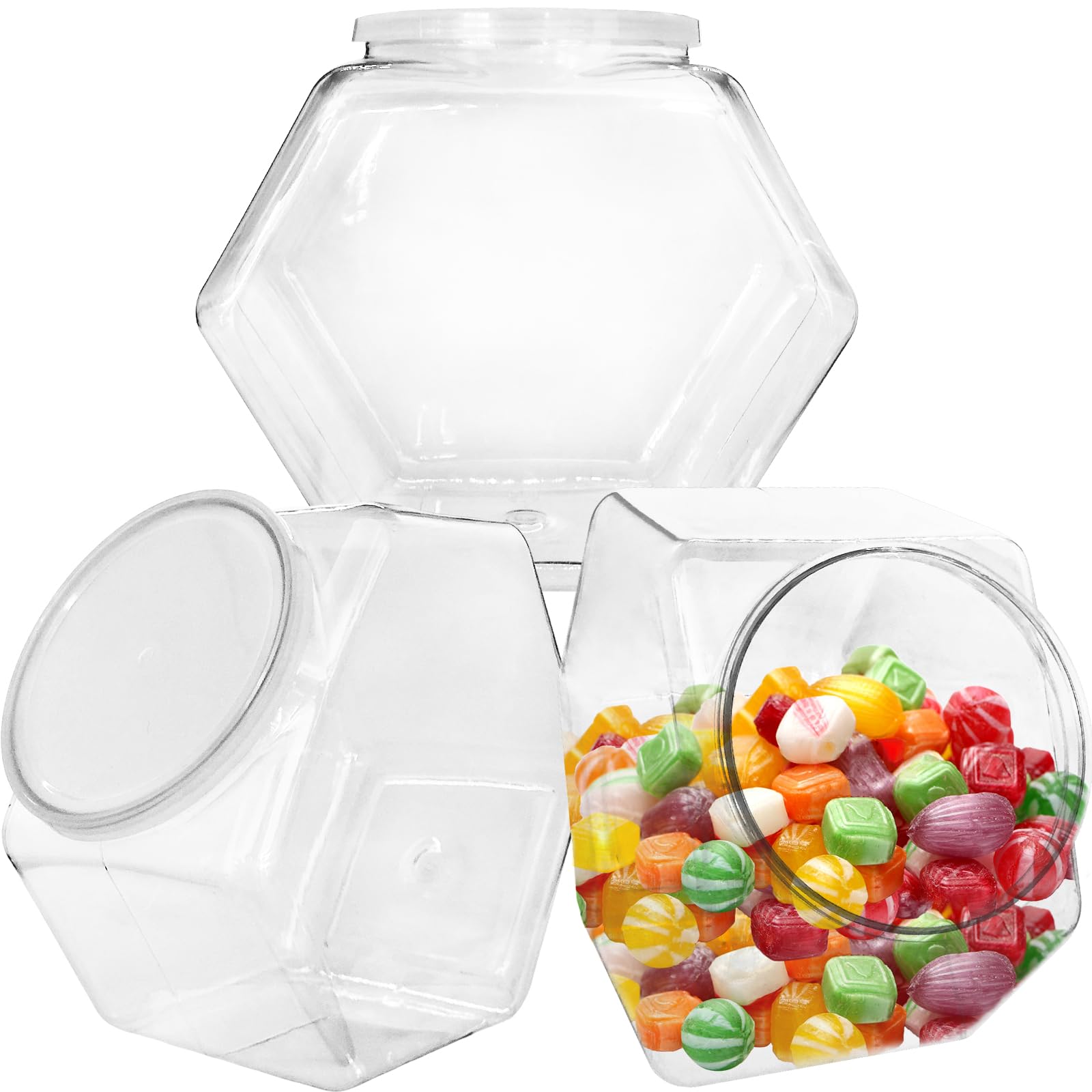 3 Pack Clear Hexagon Plastic Candy Jars with Lids - 71oz Airtight Cookie Storage Containers for Kitchen Counter, Pantry Organization & Candy Buffet Display - Perfect for Storing Dry Food, Cookies, Snacks & Baking Supplies