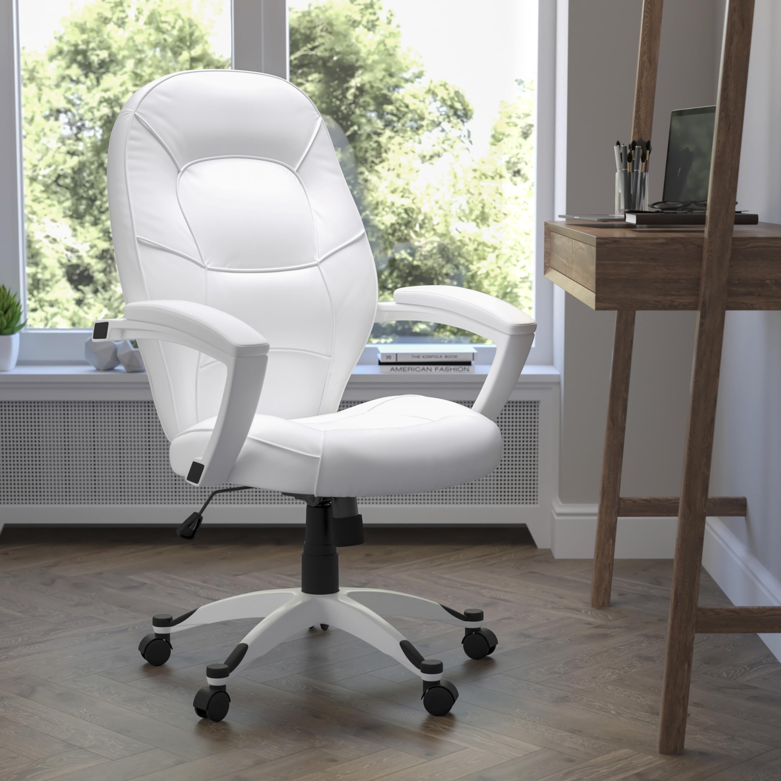 Flash Furniture Quincey Mid-Back White LeatherSoft Executive Office Chair - Ergonomic Swivel Chair with Tapered Back, White Base & Arms for Home Office, Conference Room & Workspace