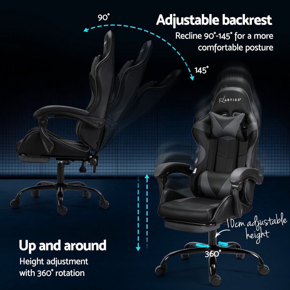 Artiss Ergonomic 2-Point Massage Gaming & Office Chair with Adjustable Footrest - Grey - Perfect for Home Office, Gaming Setup, and Workstation Comfort