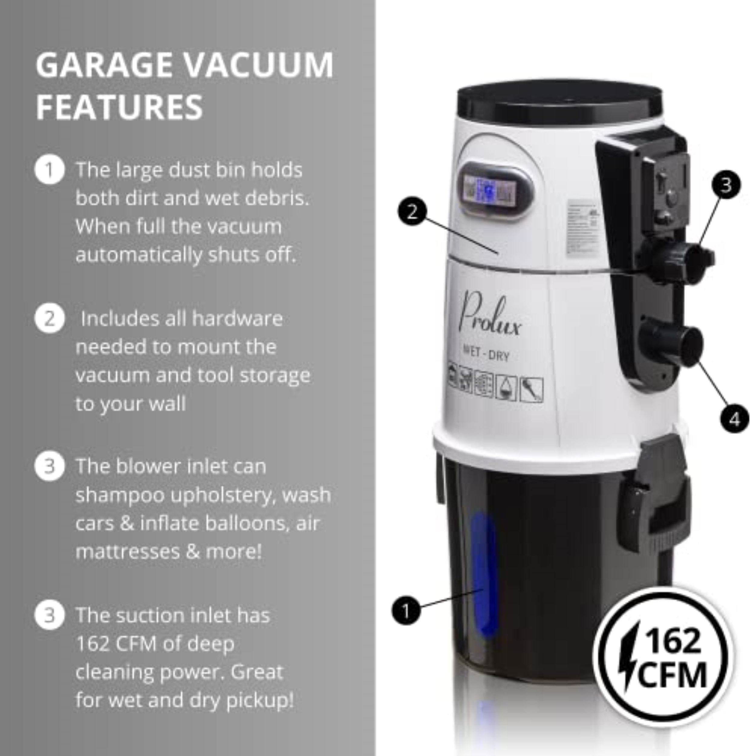 Prolux Professional Wall Mounted Garage Vacuum - Wet/Dry Shop Vacuum for Heavy Duty Cleaning - Ideal for Garages, Workshops, and Auto Detailing
