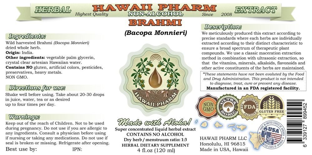 Organic Brahmi Alcohol-Free Liquid Extract (Bacopa Monnieri) - 64 oz Herbal Supplement by Hawaii Pharm | Natural Memory & Focus Support, Stress Relief | Perfect for Meditation, Study & Daily Wellness