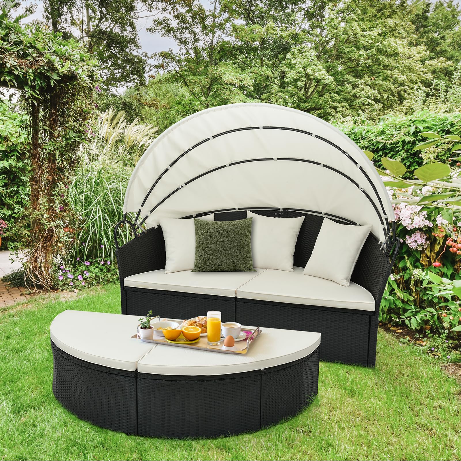 Tangkula Outdoor Patio Round Daybed with Retractable Canopy - Black Rattan Wicker Sectional Sofa with Cushions & Pillows - Backyard Lounge Furniture for Poolside, Garden, or Deck (Off White)