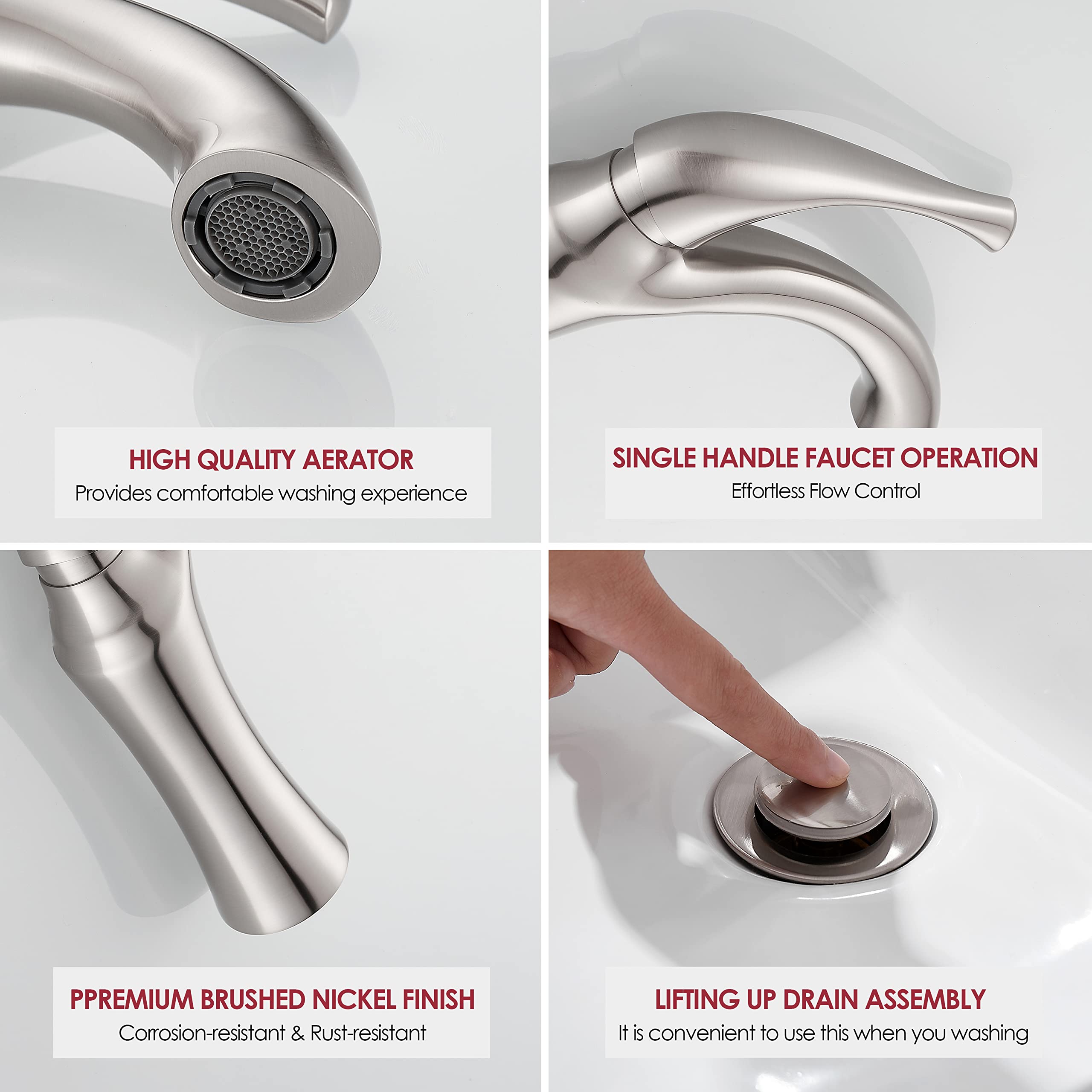 Modern Single Handle Bathroom Sink Faucet - Brushed Nickel 1 or 3 Hole Vanity Faucet with Pop-up Drain & Deck Plate - Easy Install Basin Faucet for Bathroom, Powder Room & Guest Bathroom
