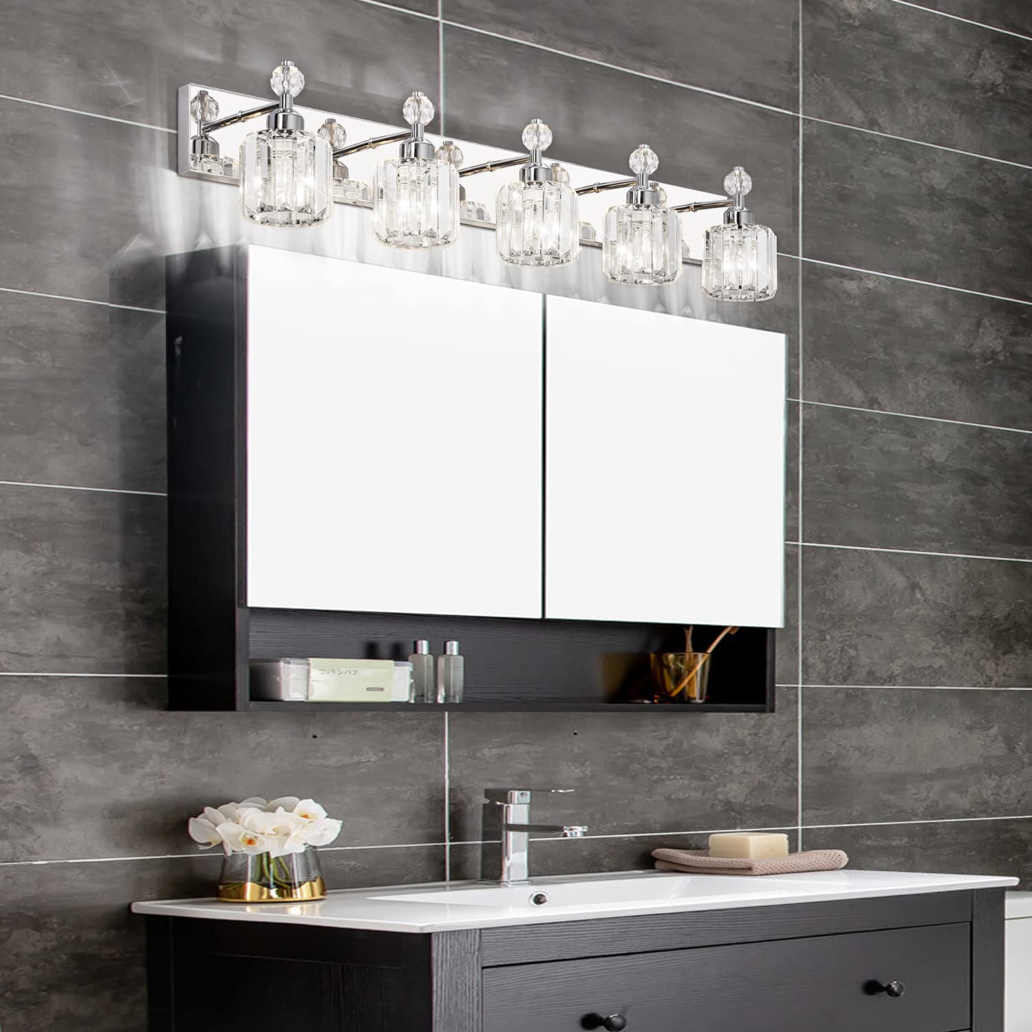 Modern Crystal Vanity Light for Bathroom - Chrome 5-Light Wall Fixture with Adjustable Arms - Perfect for Bathroom Mirror Lighting, Dressing Room & Makeup Area