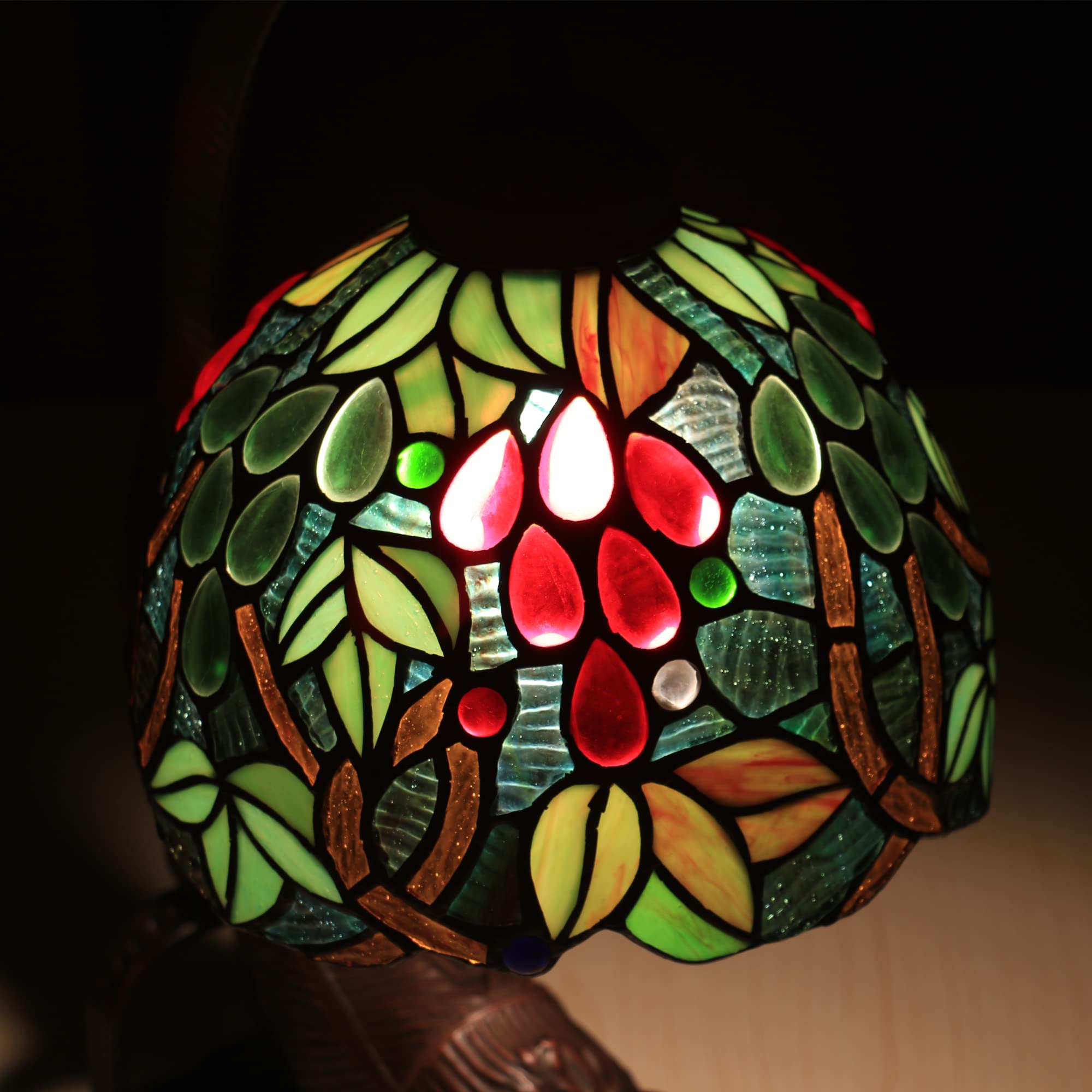 8 Inch Tiffany Style Table Lamp - Green Grapes Stained Glass Desk Lamp with Alloy Cat Base, E26 MAX40W for Living Room, Bedroom & Bedside Decor | Perfect for Home Office, Reading Nook & Cozy Ambiance