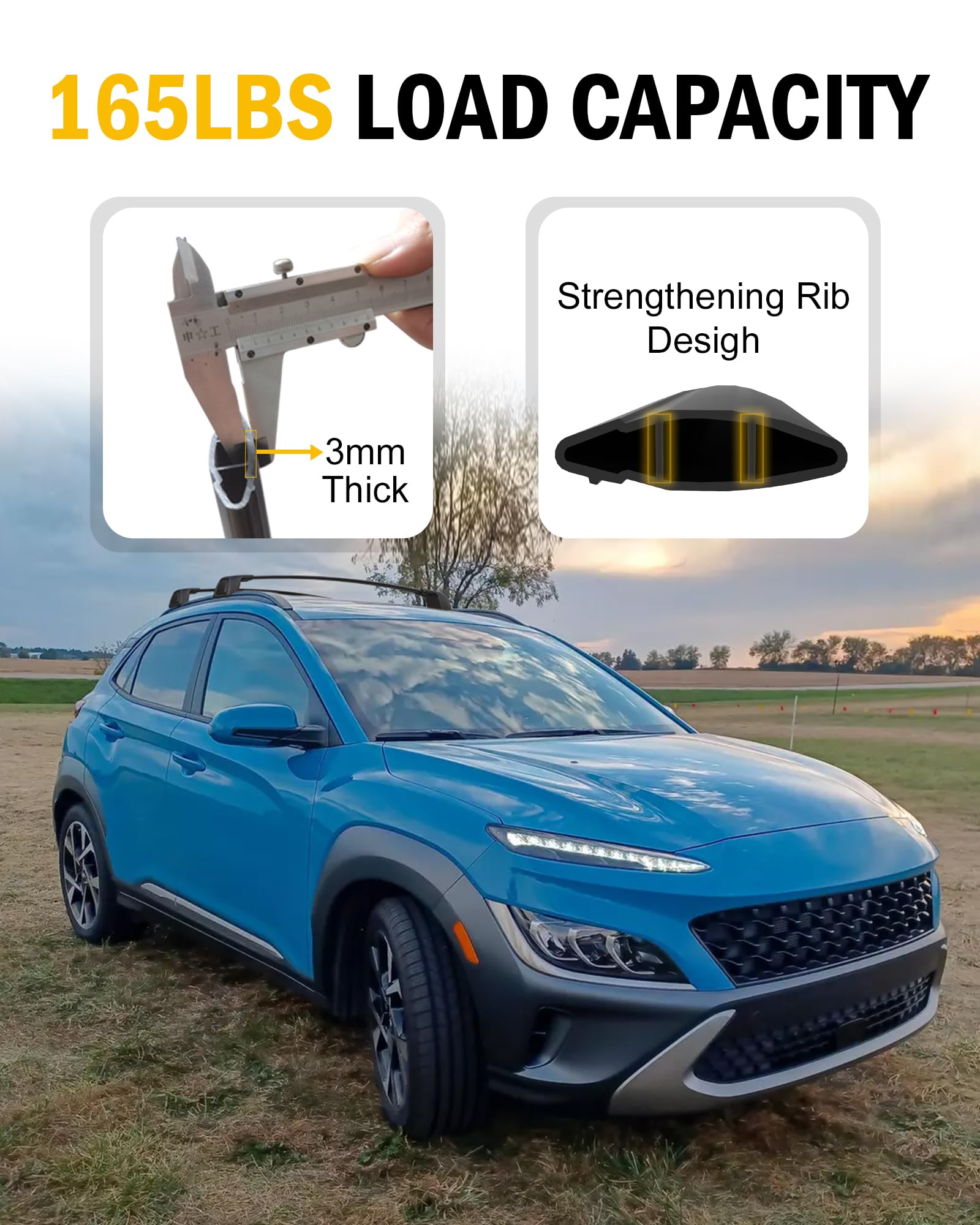 Universal Lockable Cross Bars Roof Rack for Hyundai Kona/Kona N/Kona Electric (2018-2023 Models) - Heavy Duty Cargo Carrier with Side Rails | Perfect for Camping, Road Trips & Outdoor Adventures