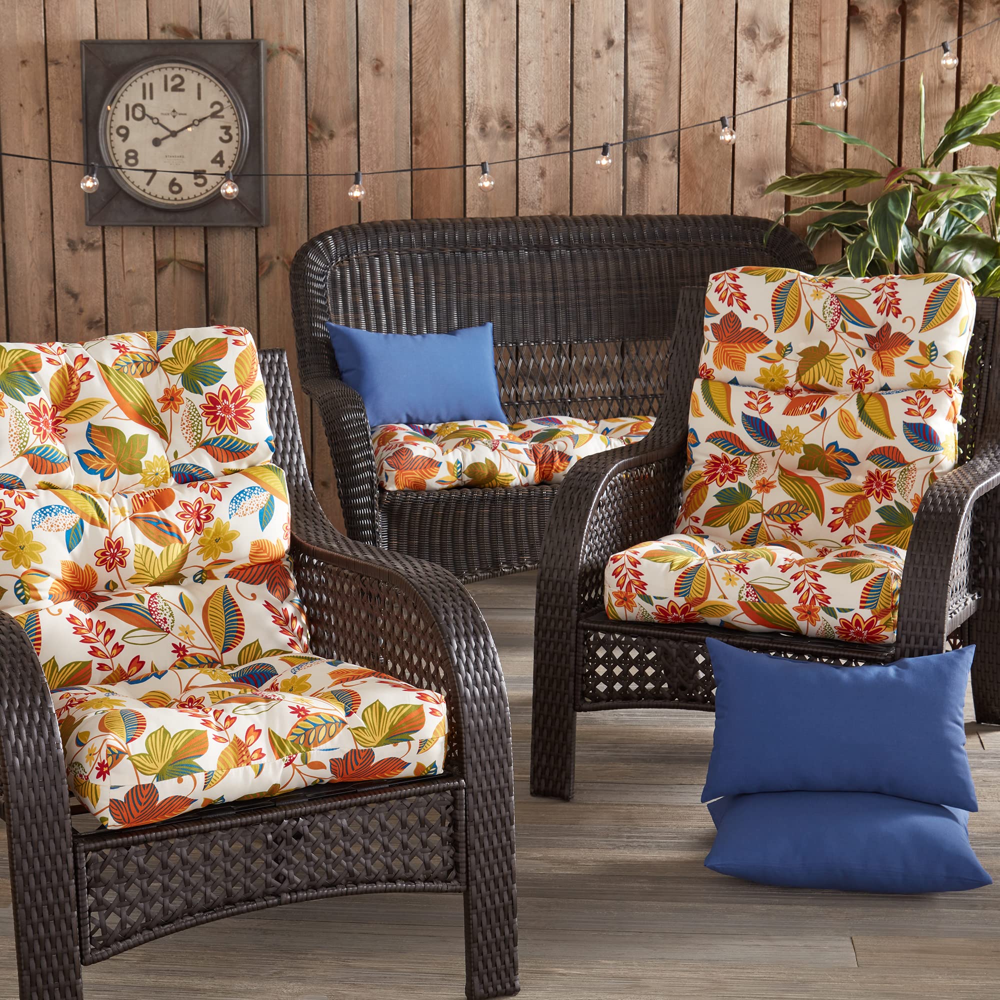 South Pine Porch Outdoor High-Back Chair Cushion Set of 2 - Esprit Floral Pattern Water-Resistant Cushions for Patio, Deck, and Garden Furniture - Perfect for Relaxing Outdoors