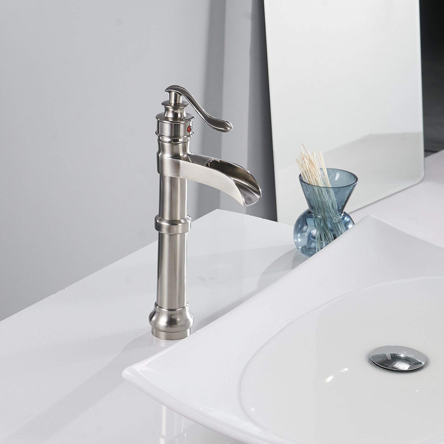 Brushed Nickel Pop Up Drain with Overflow for Bathroom Vessel Sink - Matching Faucet Set for Modern Vanity & Bowl Sink Installation | Perfect for Home Renovation & Luxury Bathroom Upgrade