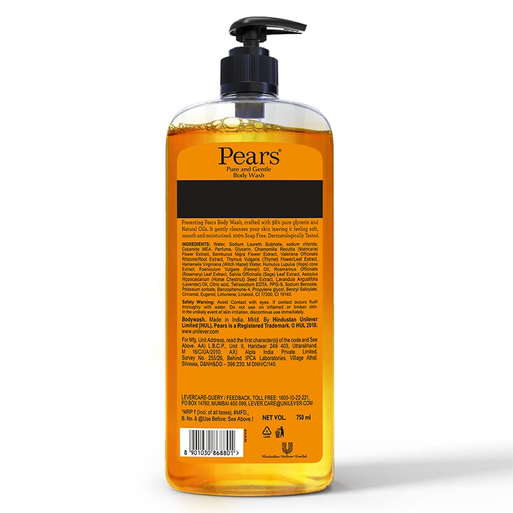 Pears Pure & Gentle Shower Gel with 98% Glycerin - Soap Free, Paraben Free - 750ml XL Pump Bottle | Moisturizing Body Wash for Dry & Sensitive Skin - Perfect for Daily Shower & Bath Routine