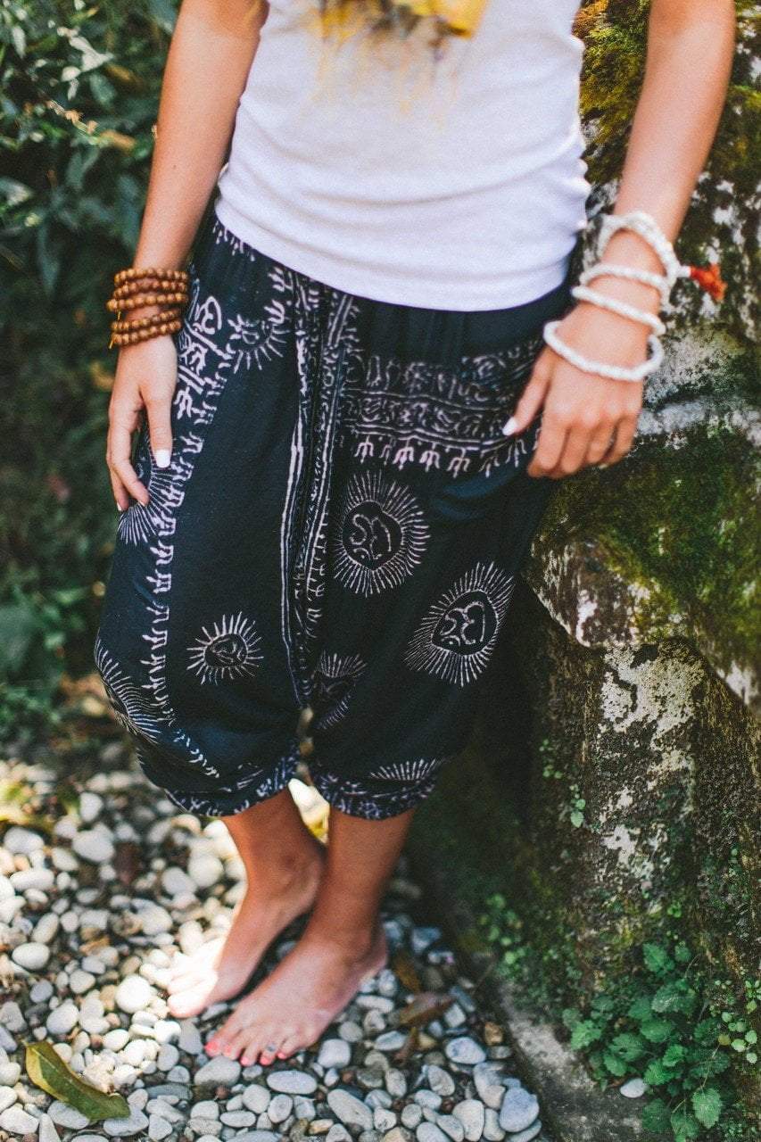 Handmade Om Print Harem Pants from Kathmandu - Boho Yoga Pants for Women, Loose Fit Cotton Lounge Pants for Meditation, Travel & Festival Wear