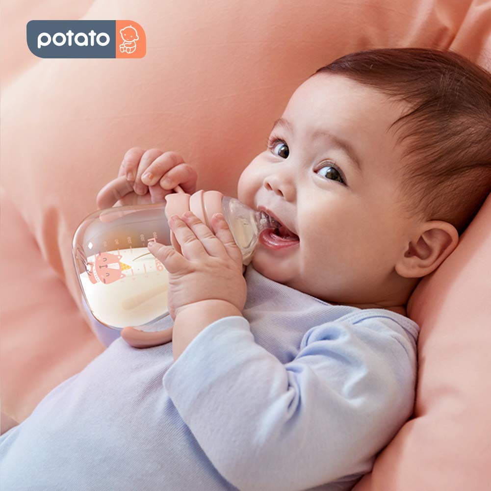 POTATO Glass Baby Bottles 8oz - Anti-Colic Breastfeeding Bottles with Fast Flow Nipple for Babies 6-12 Months - Includes 2 Replaceable Nipples - BPA-Free & Easy to Clean - Perfect for Daycare, Travel & Night Feeding (Pink)