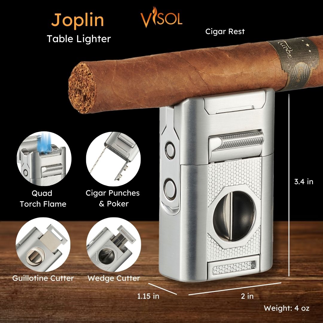Visol Joplin Quad Torch Flame Lighter - Windproof Butane Lighter with Adjustable Flame (Silver) - Perfect for Cigars, Camping, BBQ & Outdoor Adventures