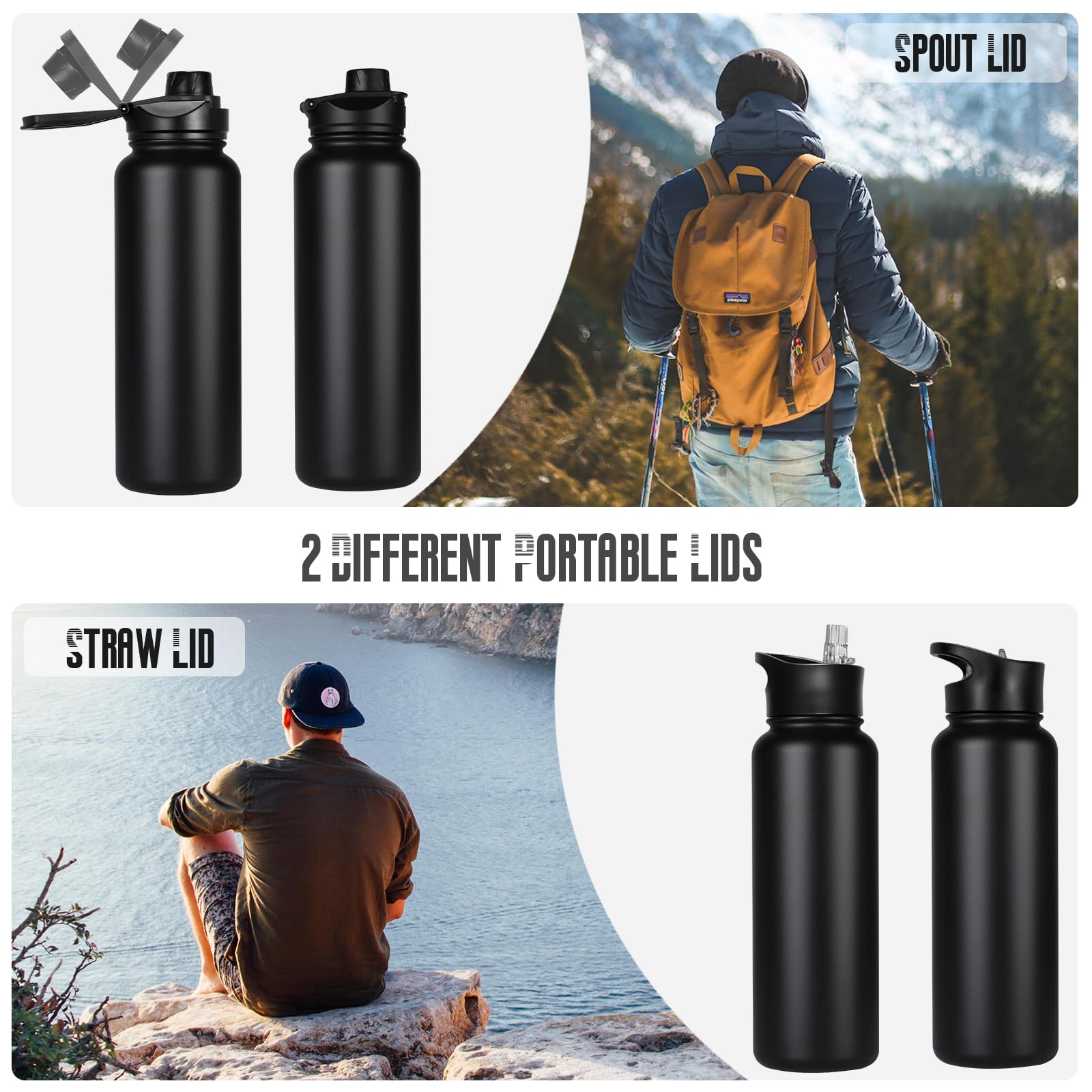 40 oz Stainless Steel Insulated Water Bottle with Straw & Wide Mouth Lid - Double Wall Vacuum, Leakproof, BPA-Free - Perfect for Gym, Hiking, Travel & Outdoor Activities