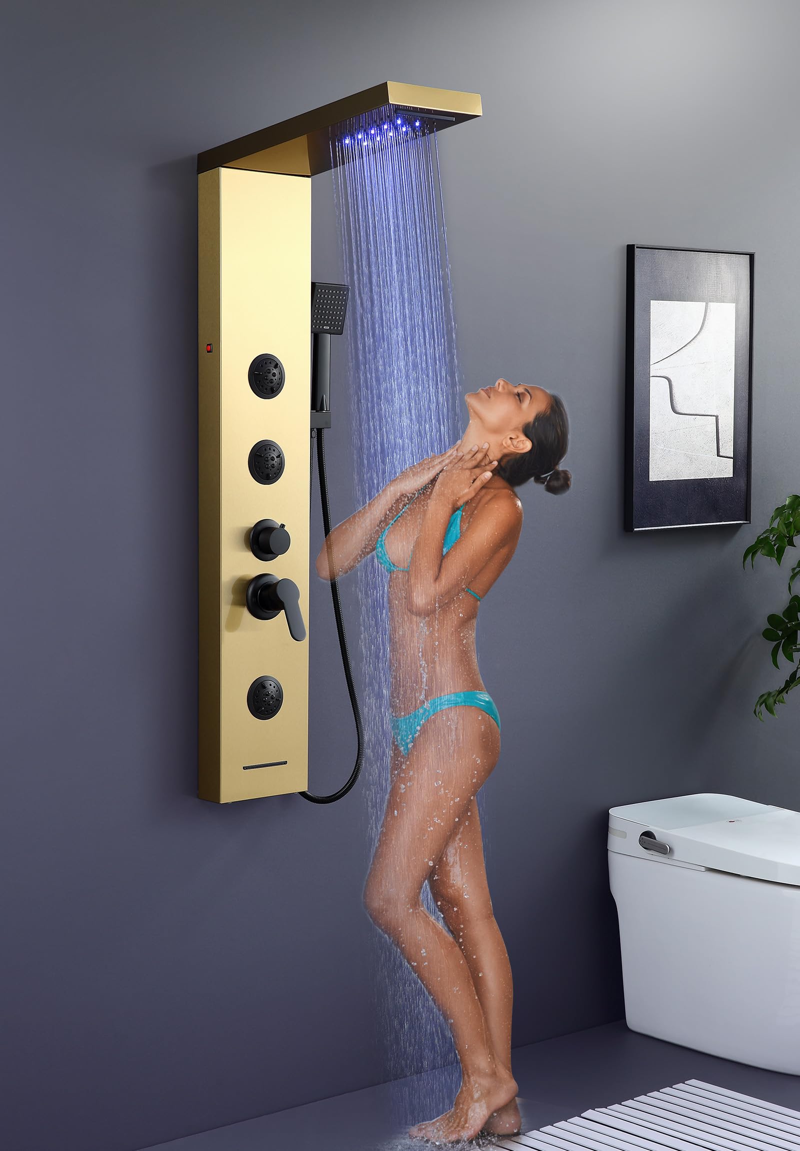 ROVATE 5-in-1 Stainless Steel Shower Panel Tower System - Brushed Gold LED Rainfall Shower with Waterfall, Massage Jets & Handheld Sprayer - High Pressure Bathroom Shower Column with Tub Spout for Luxurious Spa Experience at Home