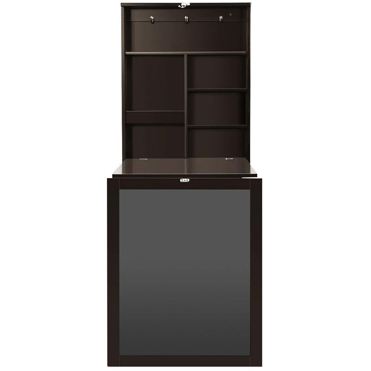 HPW Brown Wall Mounted Folding Table with Blackboard - Convertible Desk for Laptop, Study & Writing | Space Saving Kitchen Cabinet Organizer | Perfect for Small Apartments, Dorms & Home Offices