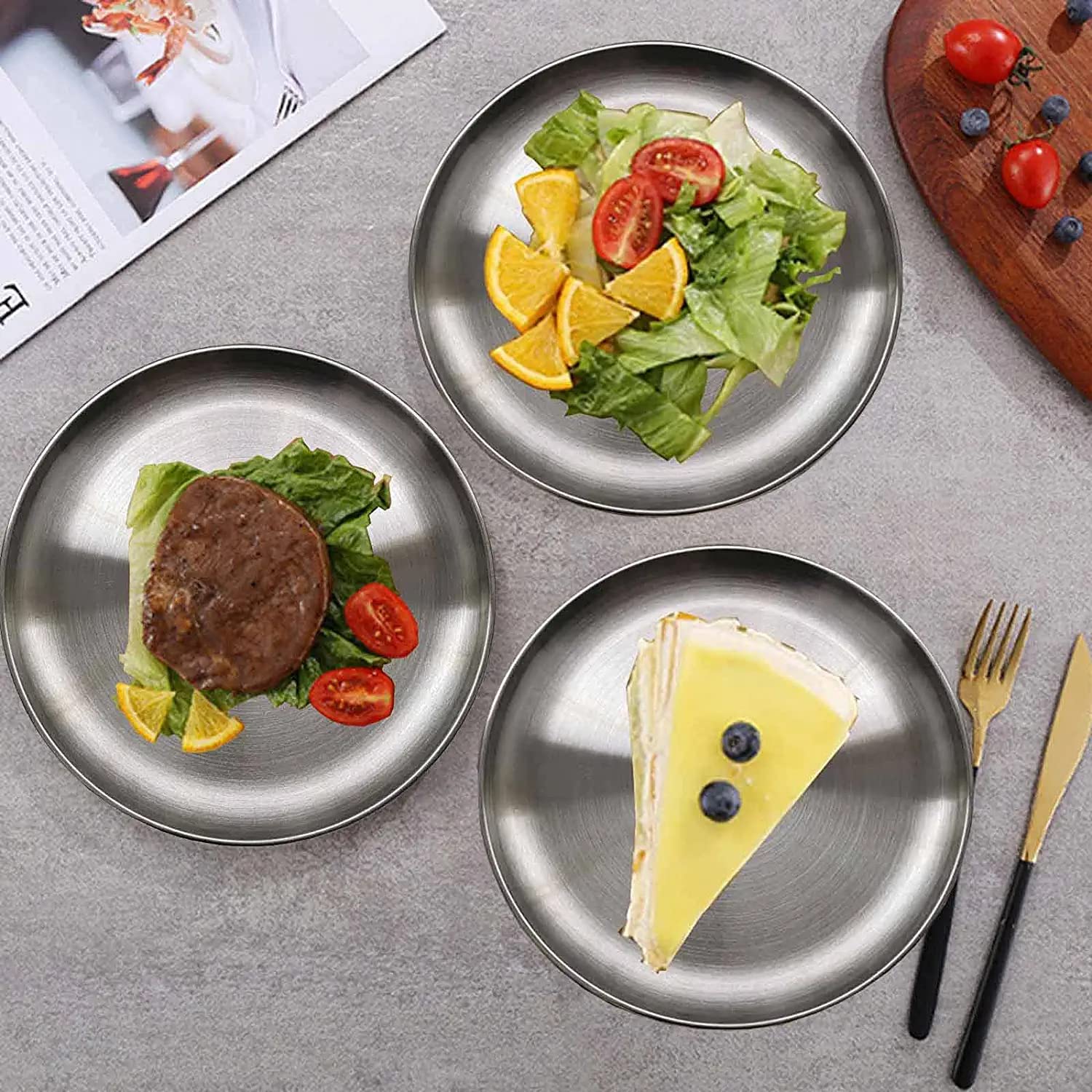 Stainless Steel Dinner Plates - 10 Inch Round Reusable Brushed Metal Plates, Heavy Duty Dishwasher Safe Kitchenware (4 Pack) - Perfect for BBQ, Steak, Picnics, Camping & Outdoor Dining