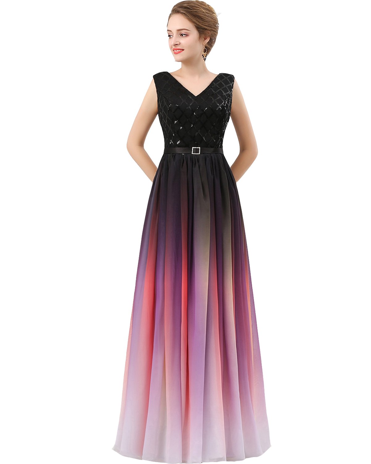 Lemai V-Neck Long Sequined Chiffon A-Line Corset Prom Evening Dresses for Women - Elegant Formal Gown for Homecoming, Wedding Guest & Special Occasions