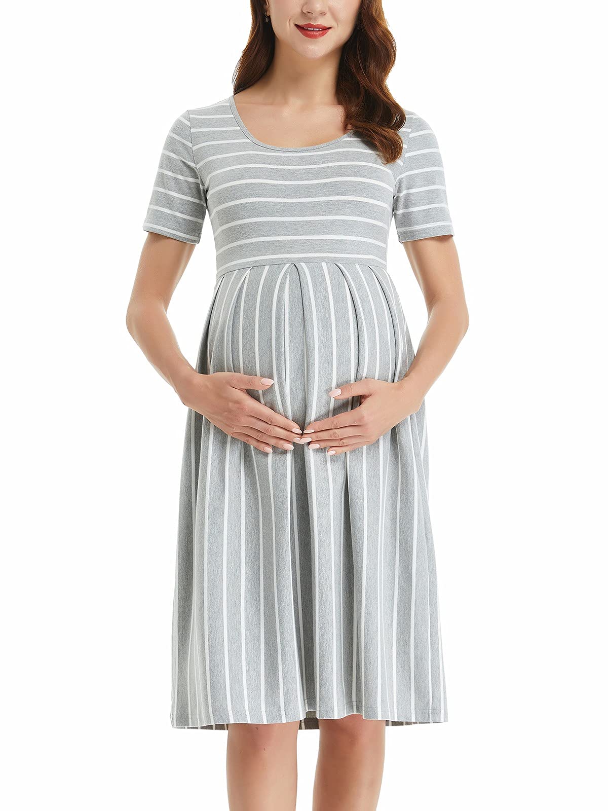 BBHoping Women's Maternity Dress - Casual Striped Short Knee-Length Pregnancy Dress for Baby Shower, Nursing, Maternity Photos & Everyday Wear