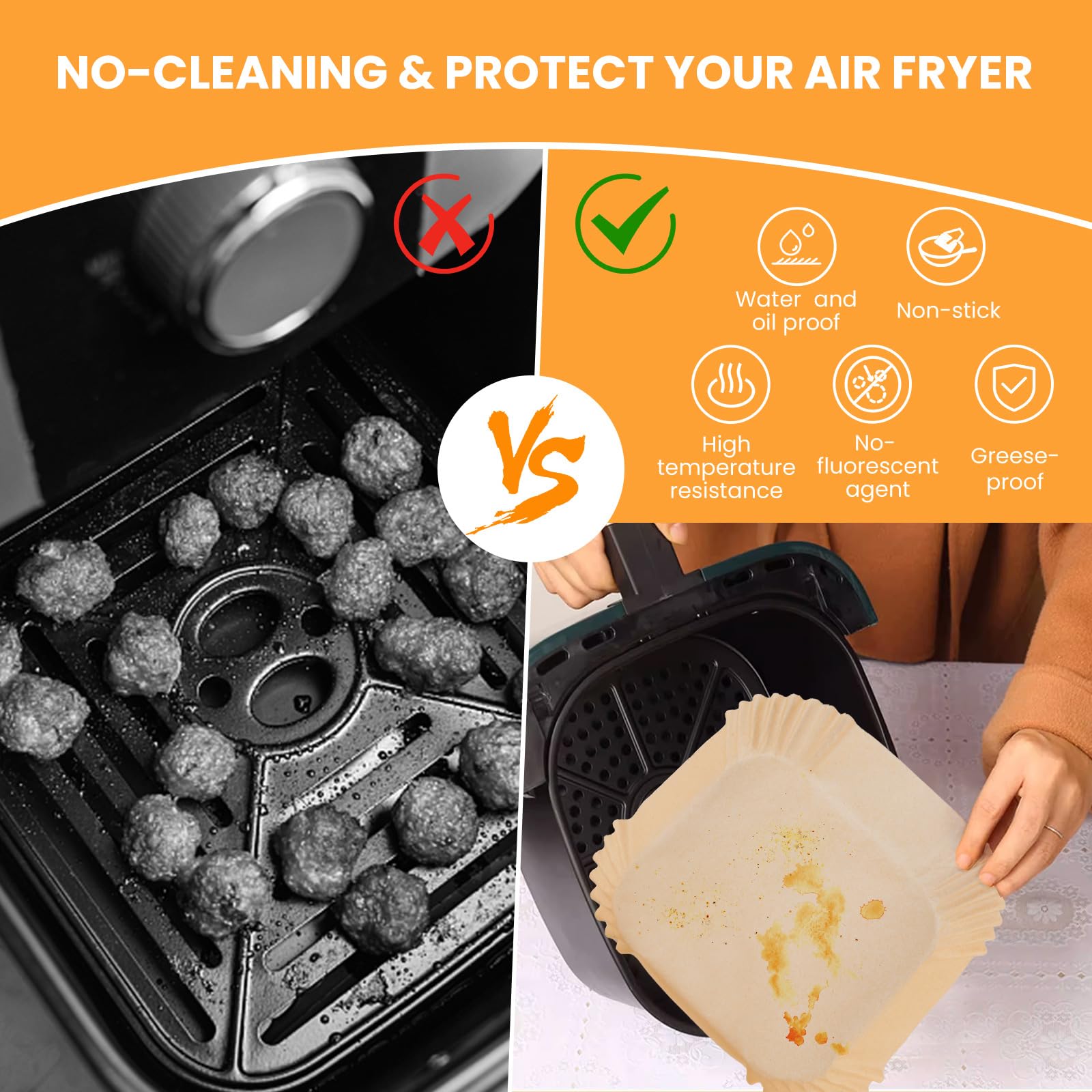 100-Pack Disposable Air Fryer Liners, Non-Stick Parchment Paper Sheets for 2-5QT Air Fryers - Bleach-Free, Microwave Safe (6.3 Inch Square) - Perfect for Roasting, Baking & Reheating Food