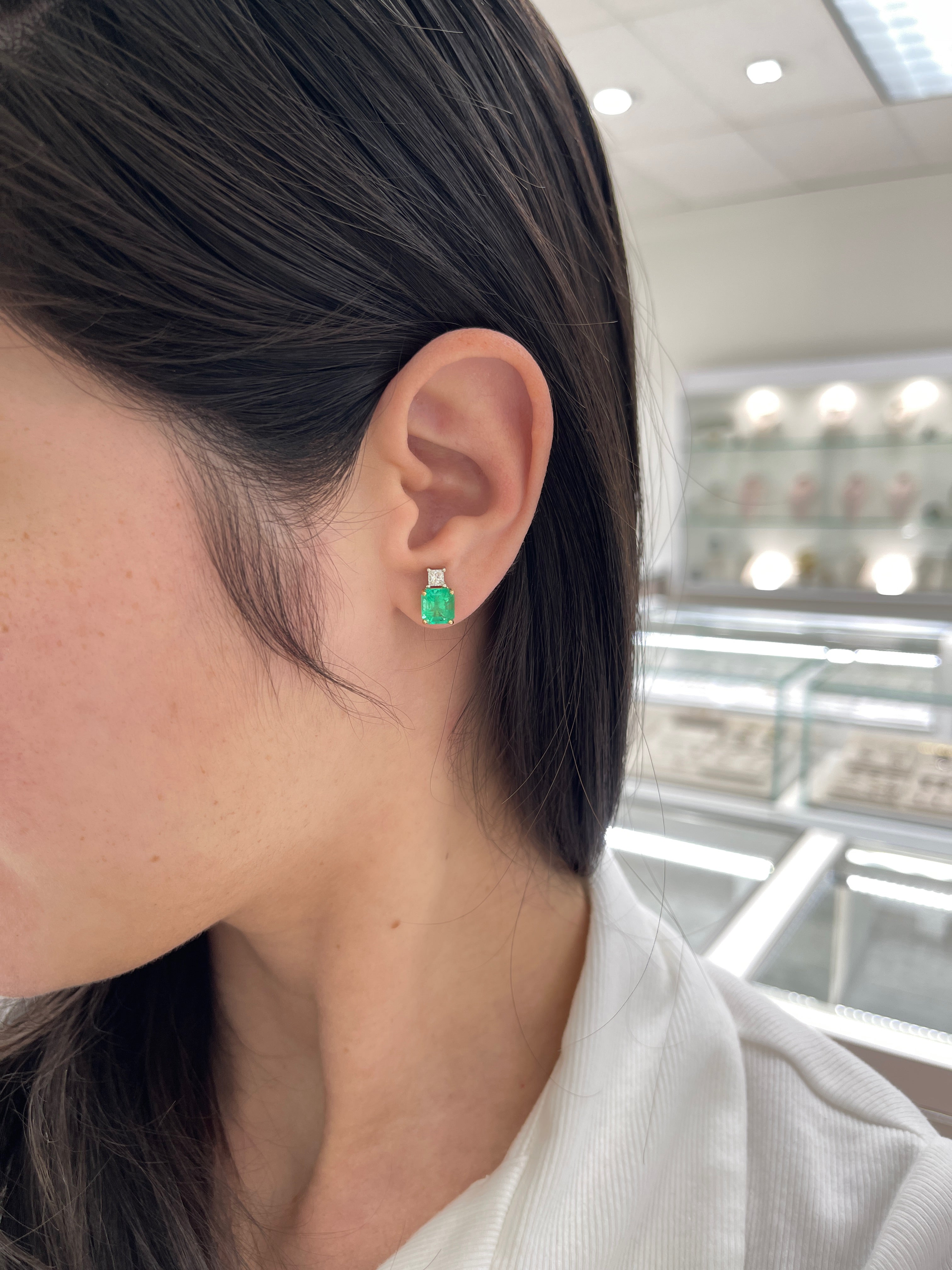 3.10tcw GIA Certified Colombian Emerald & Princess Cut Diamond Earrings in 18K Two-Tone Gold – Perfect for Weddings, Anniversaries & Special Occasions
