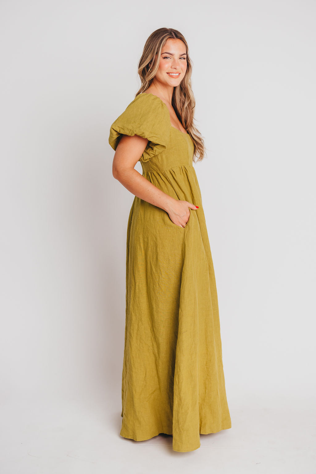 Candace Maxi Dress in Olive - 100% Linen Maternity Dress for Women, Bump Friendly, Comfortable & Breathable Summer Dress for Pregnancy, Beach, Vacation & Casual Wear