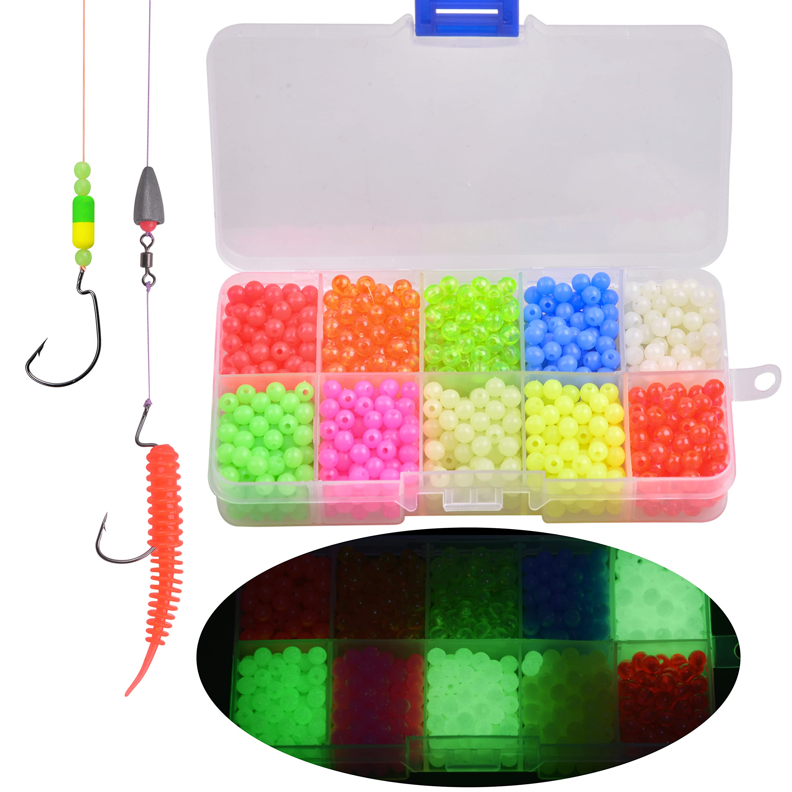 FUSIGO 1000pcs 5mm Glow in the Dark Fishing Beads - Assorted Colors Round Float Bait Eggs, Hard Plastic Rig Beads for Fishing Tackle, Leaders & Rigs - Perfect for Night Fishing & Trout Baiting