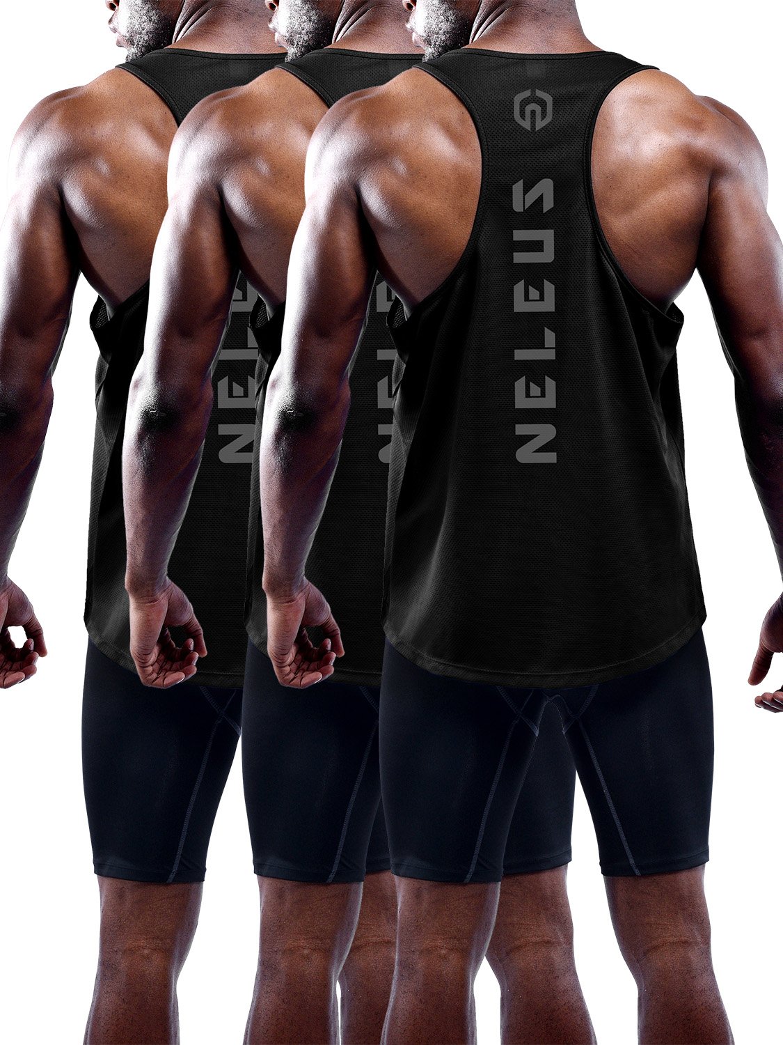 NELEUS Men's 3 Pack Moisture Wicking Y-Back Muscle Tank Tops - Gym Workout, Running & Athletic Performance Shirts for Men