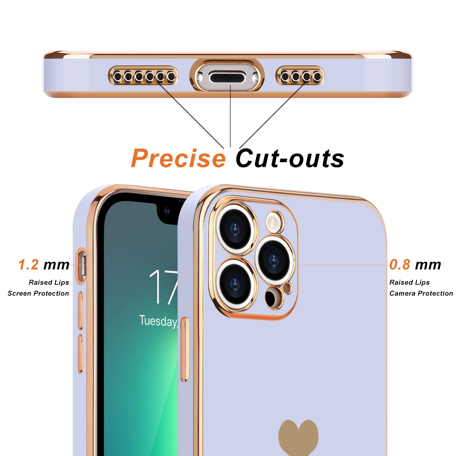 Teageo iPhone 13 Pro Max Case - Cute Heart Pattern Slim Luxury Bling Plating Soft TPU Shockproof Phone Cover for Women & Girls | Perfect for Everyday Use, Work & Travel (Purple)