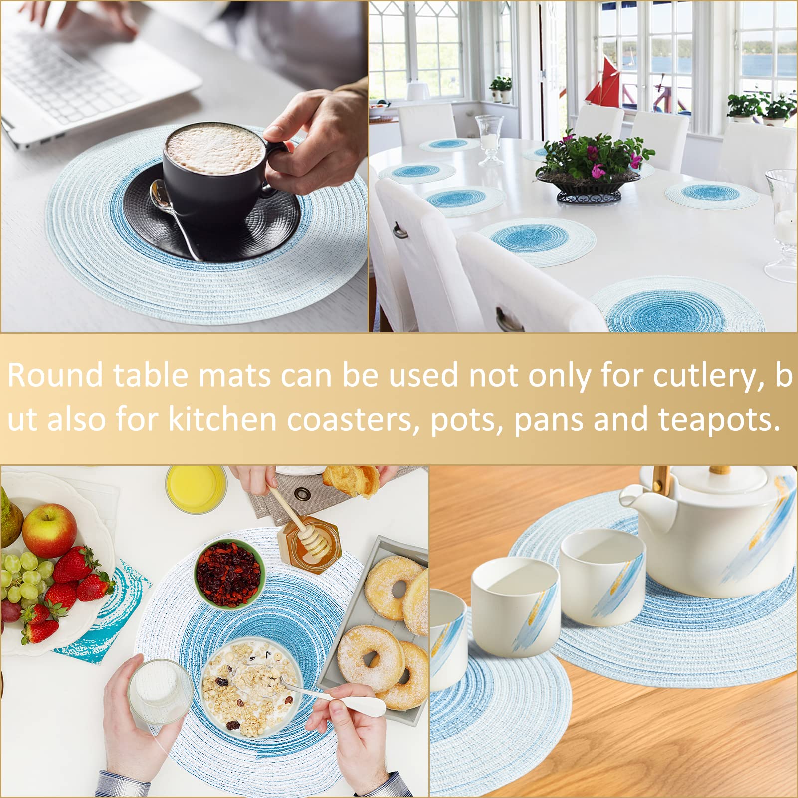 Round Braided Placemats Set of 6 - 14 Inch Washable Kitchen Table Mats in Light Blue - Perfect for Dining, Parties, and Home Decor