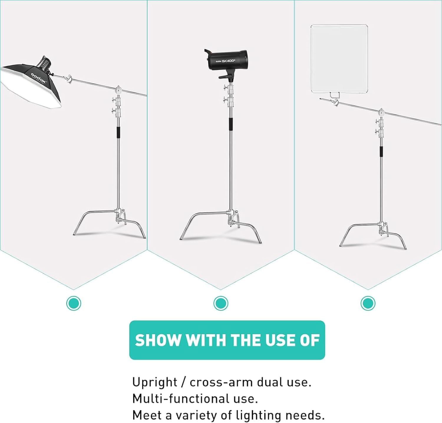 Heavy Duty C Stand with Boom Arm for Photography - 10.8ft/330cm Max Height, 4.2ft/127cm Holding Arm, Silver Stainless Steel Light Stand | Perfect for Studio Lighting, Video Production & Portrait Photography