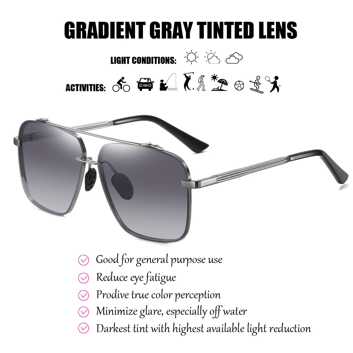 Polarized Aviator Sunglasses for Men - Oversized Square Metal Frame - Gradient UV400 Protection Lenses - Perfect for Driving, Fishing & Outdoor Activities