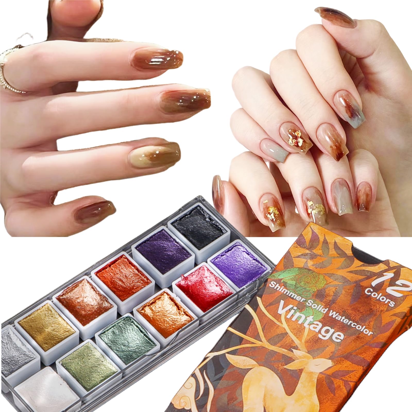 CHARMING MAY 12 Colors Shimmer Metallic Nail Watercolor Paint Set - Solid Watercolor & Metallic Powder for Nails (Brown) | DIY Nail Art, Manicure, Pedicure, Salon & Home Use