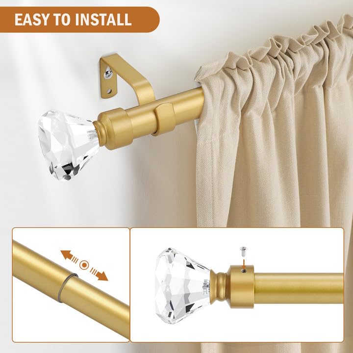 Knobelite Gold 4-Pack Adjustable Window Curtain Rod Set (48-86 Inches) with Crystal Finials - 1-Inch Diameter Decorative Drapery Rods for Living Room, Bedroom & Dining Room