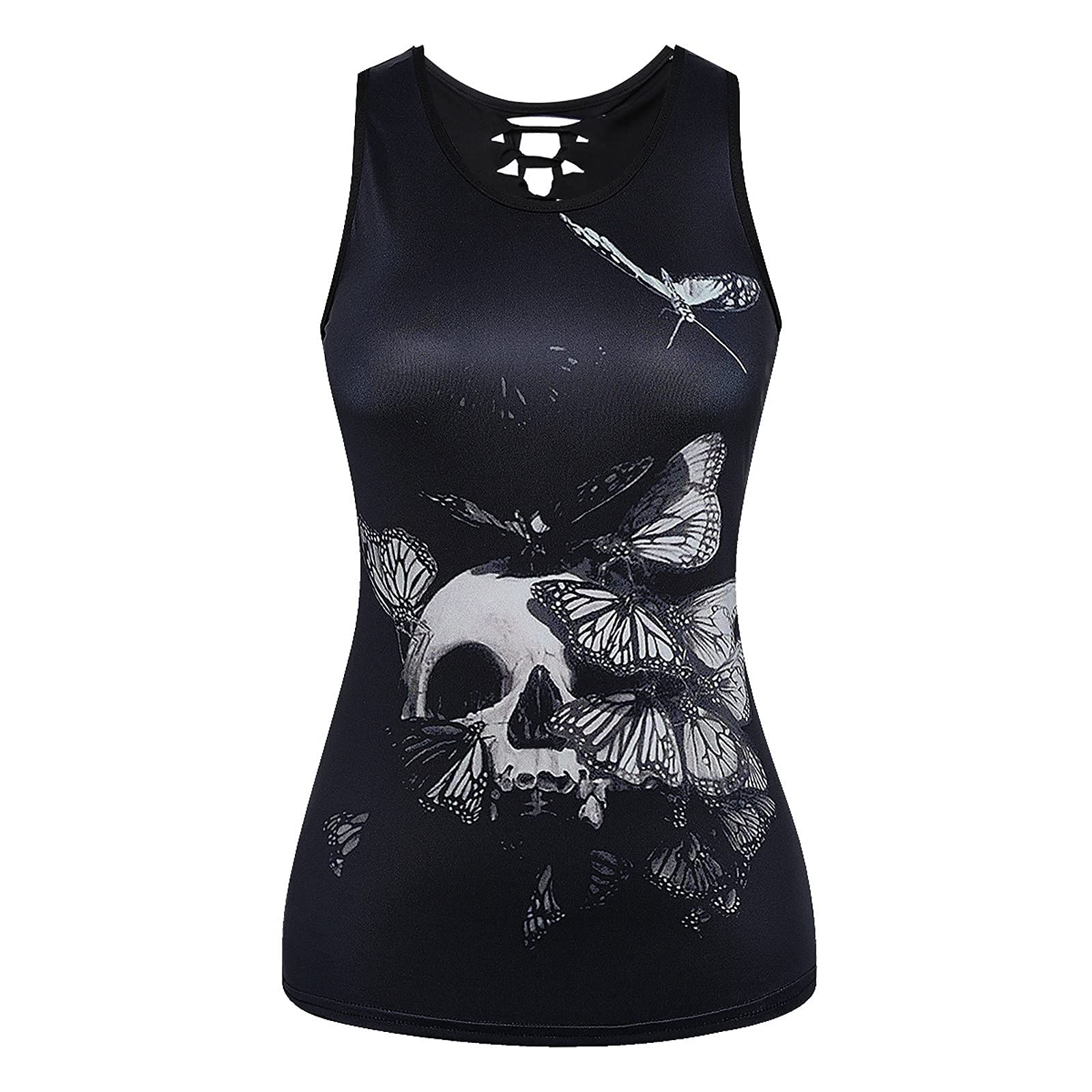 Gothic Women's Skull Print Backless Sleeveless Cross Graphic Tank Top - Sexy Summer T-Shirt for Casual Wear, Music Festivals, Halloween Costume & Night Out | Perfect for Concerts, Clubbing, Street Style, Gothic Fashion & Alternative Outfits | Great for Parties, Rave Events, Dark Aesthetic Looks & Everyday Edgy Style | Ideal for Gothic Lovers, Punk Rock Fans, Halloween Parties, Nightclubs, Concerts and Alternative Fashion Enthusiasts
