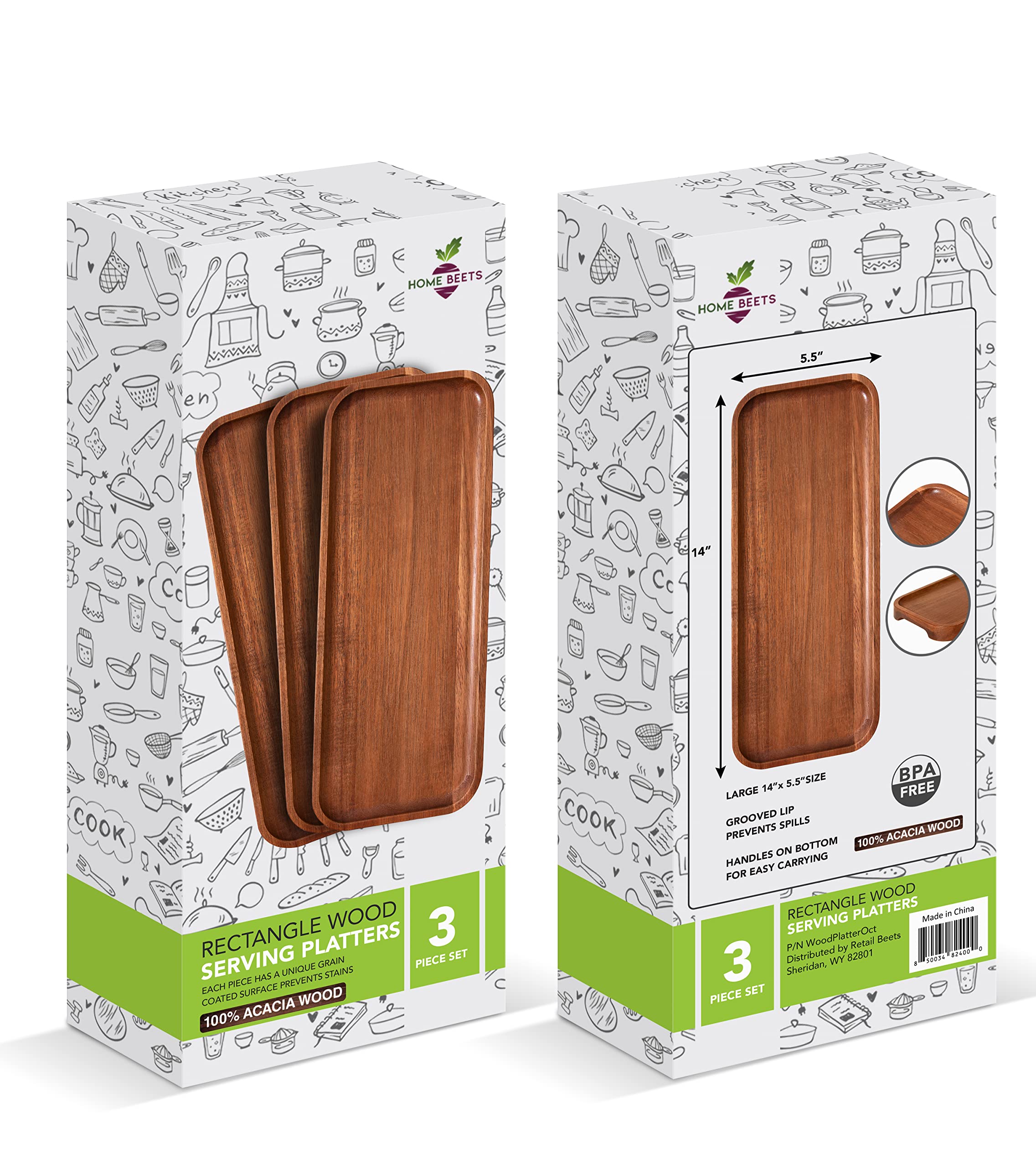 Premium Acacia Wood Serving Trays Set of 3 - 14 x 5.5 Inch Rectangular Wooden Platters for Charcuterie, Cheese, Appetizers | Rustic Food Serving Board for Entertaining, Kitchen, Dining Table & Party Display