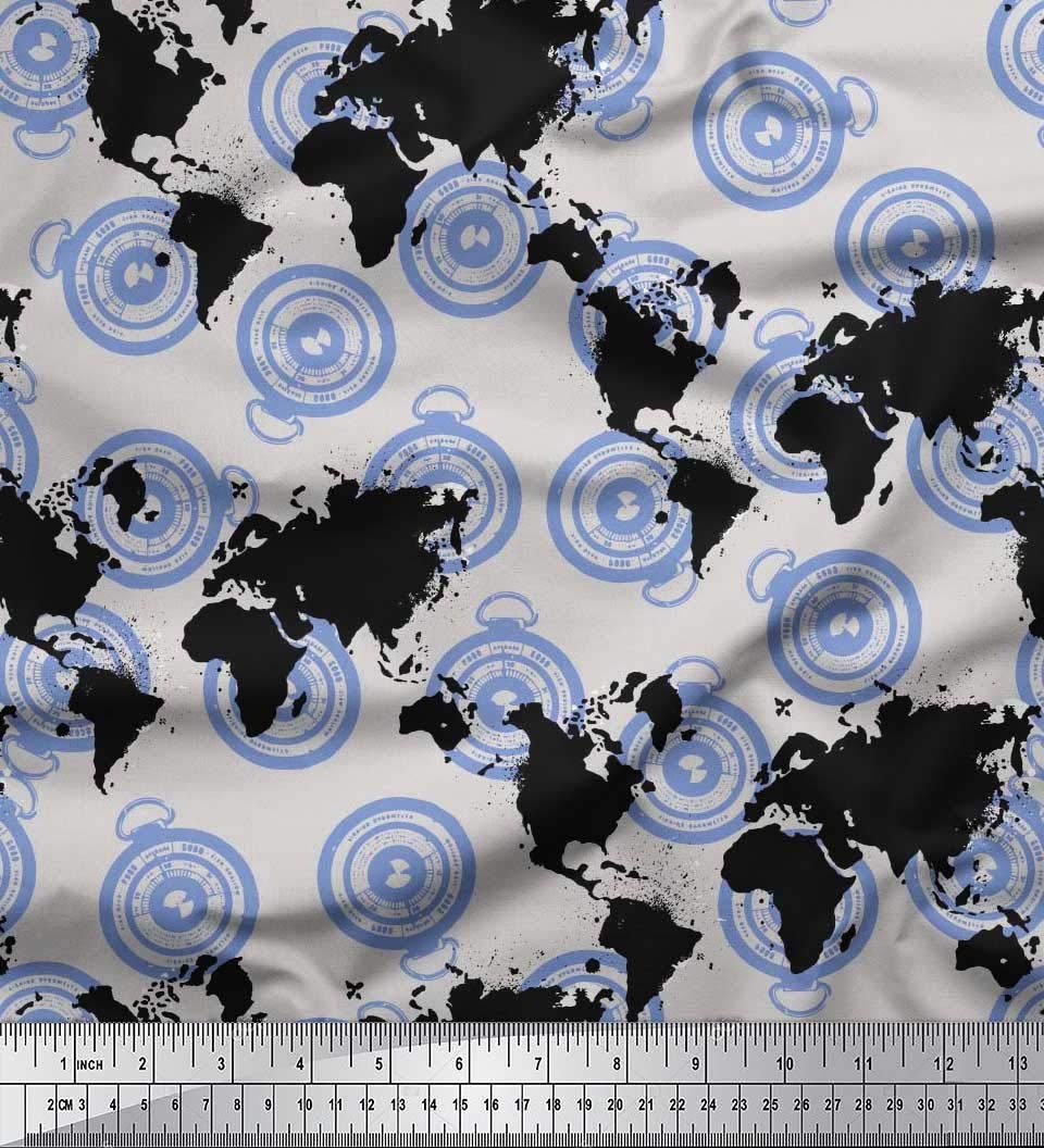 Soimoi Blue Poly Georgette Fabric by The Yard - 52 Inch Wide - Direction Compass & World Map Printed Cloth for Fashion, Home Decor, and DIY Projects - Perfect for Dresses, Curtains, and Crafting