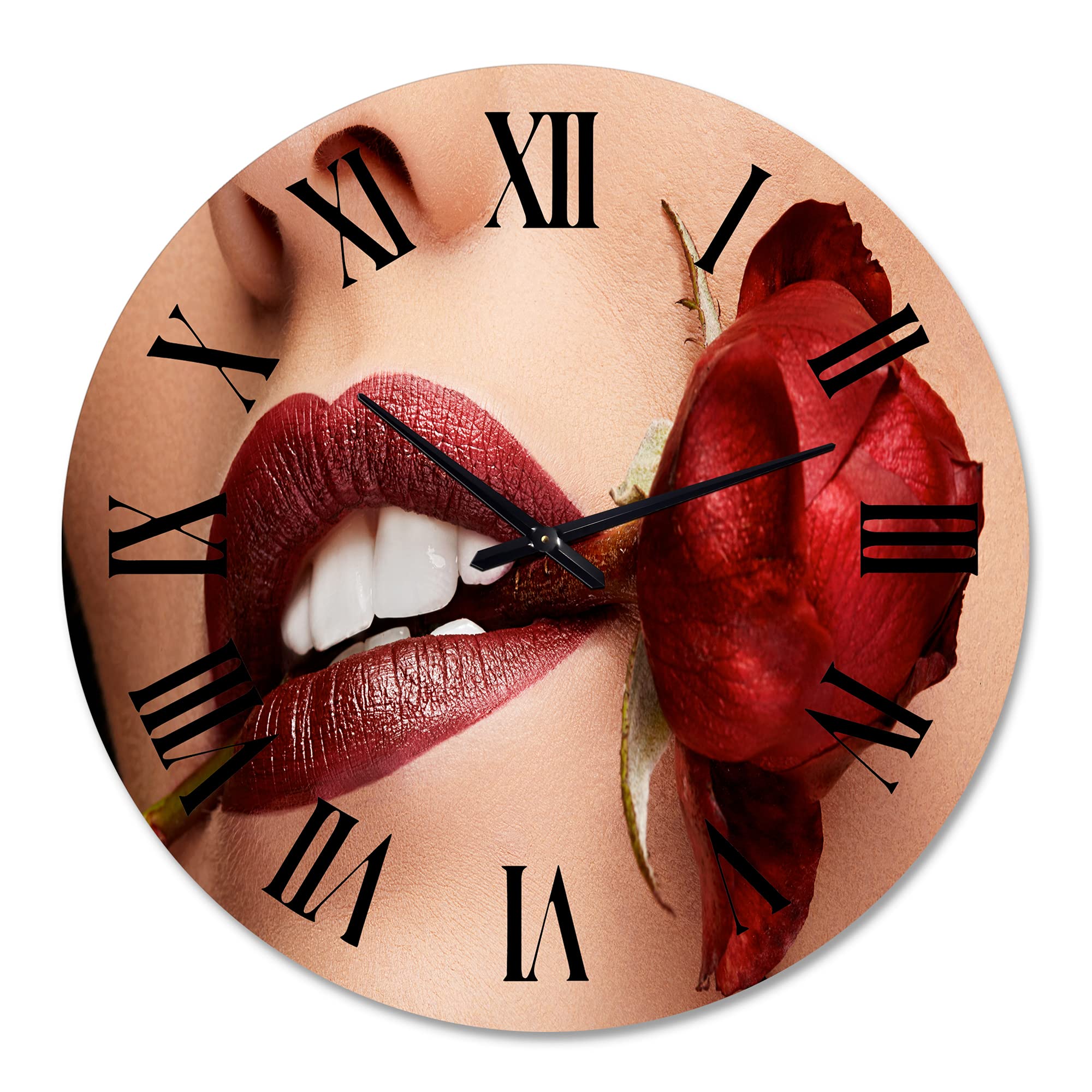 Modern Large Wall Clock - Woman with Red Lipstick Holding Rose in Mouth - Elegant Home Decor for Bedroom, Living Room & Office - Silent Non-Ticking Wall Art