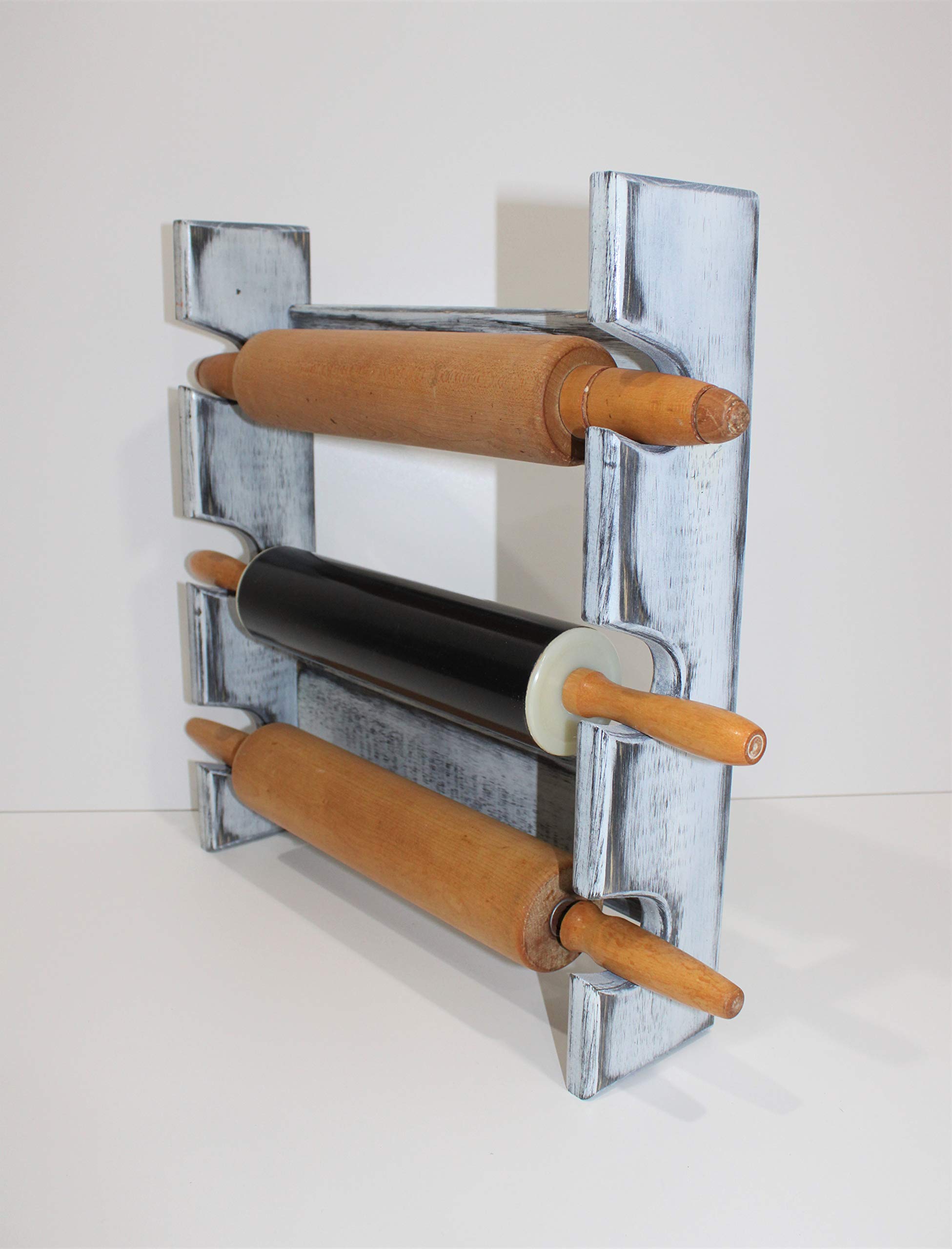 Vintage White Wooden Rolling Pin Rack with 3 Slots - Distressed Rolling Pin Holder for Kitchen Storage - Shabby Chic Rolling Pin Organizer - Perfect for Baking, Cooking, and Kitchen Decor