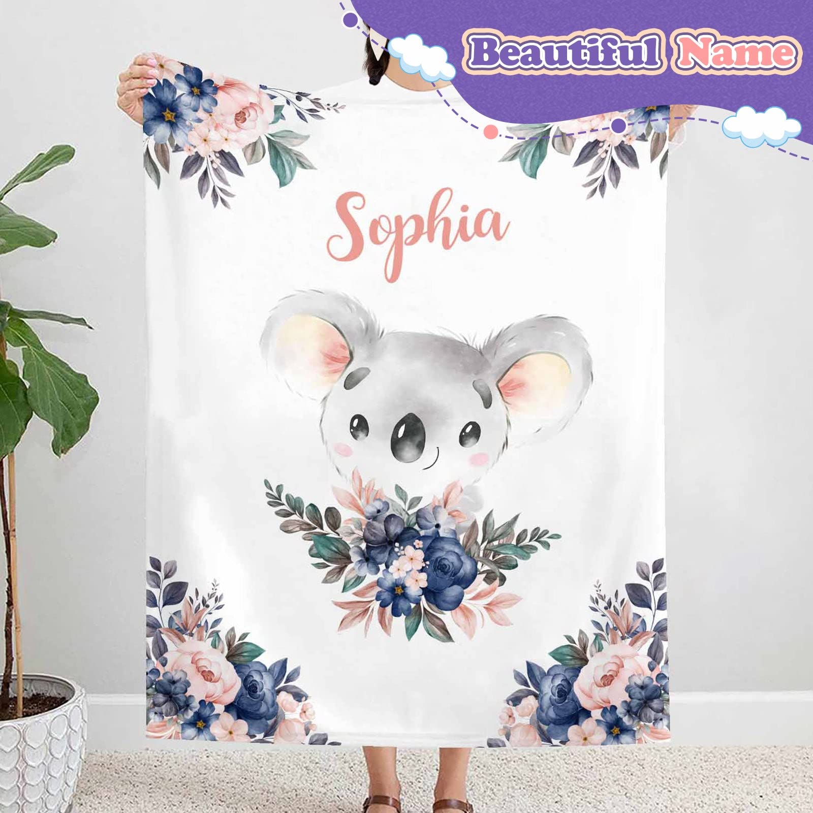 **Personalized Baby Blanket for Girls with Name - Custom Koala Design Newborn Gift, 30
