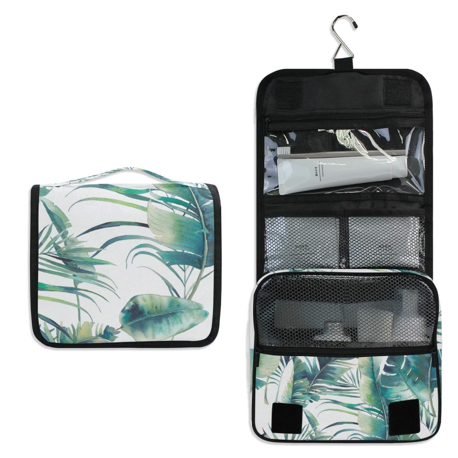 Waterproof Hanging Toiletry Bag with Tropical Palm & Banana Leaf Design - Large Travel Cosmetic Organizer for Makeup, Toiletries & Accessories - Perfect for Beach Vacations, Camping Trips & Gym Use - Great Gift for Men & Women