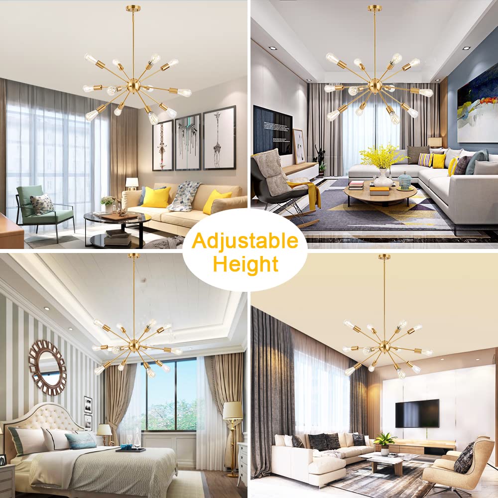 BONLICHT 12-Light Brushed Brass Sputnik Chandelier - Mid Century Modern Gold Pendant Light for Kitchen Island, Dining Room, Living Room, Bedroom & Bar | Contemporary Ceiling Hanging Fixture for Home Decor