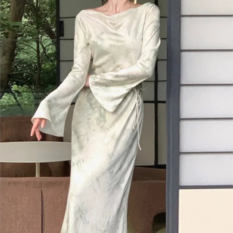 Lovevop 2024 Elegant Long Sleeve Women's Dress - French Print Evening Party Maxi Dress with Lace-up Slash Neck, Slim Fit Fashion for Women | Perfect for Cocktail Parties, Weddings & Formal Events