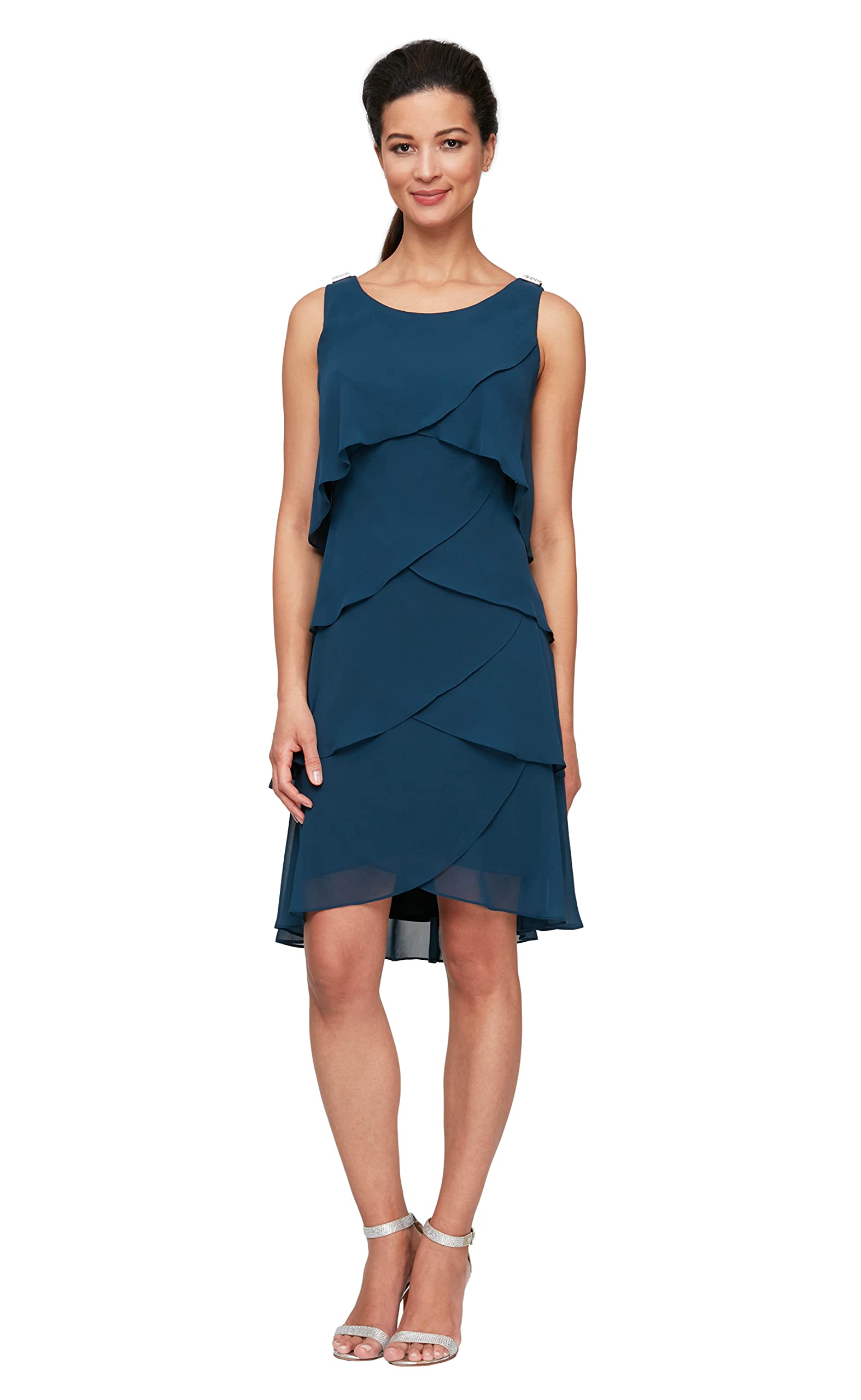 S.L. Fashions Women's Chiffon Tiered Cocktail Dress - Summer Party, Wedding Guest, Office & Formal Occasions - Petite & Regular Sizes Available - Elegant Flowy A-Line Dress for Women