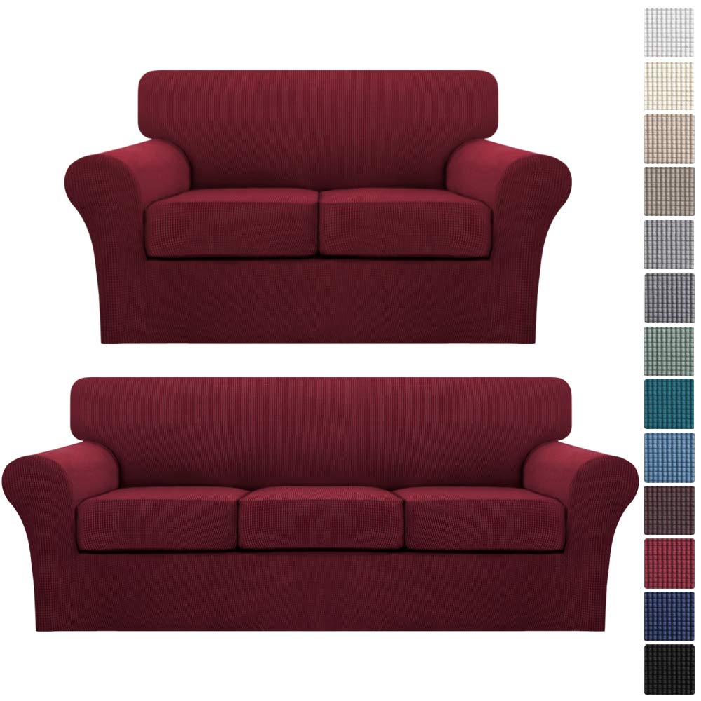 Turquoise and Burgundy Stretchable Sofa Cover Set - 3 Seater Couch Cover + 2 Seater Loveseat Slipcover | Soft Spandex Jacquard Fabric | Perfect for Living Room, Bedroom, and Home Decor Protection