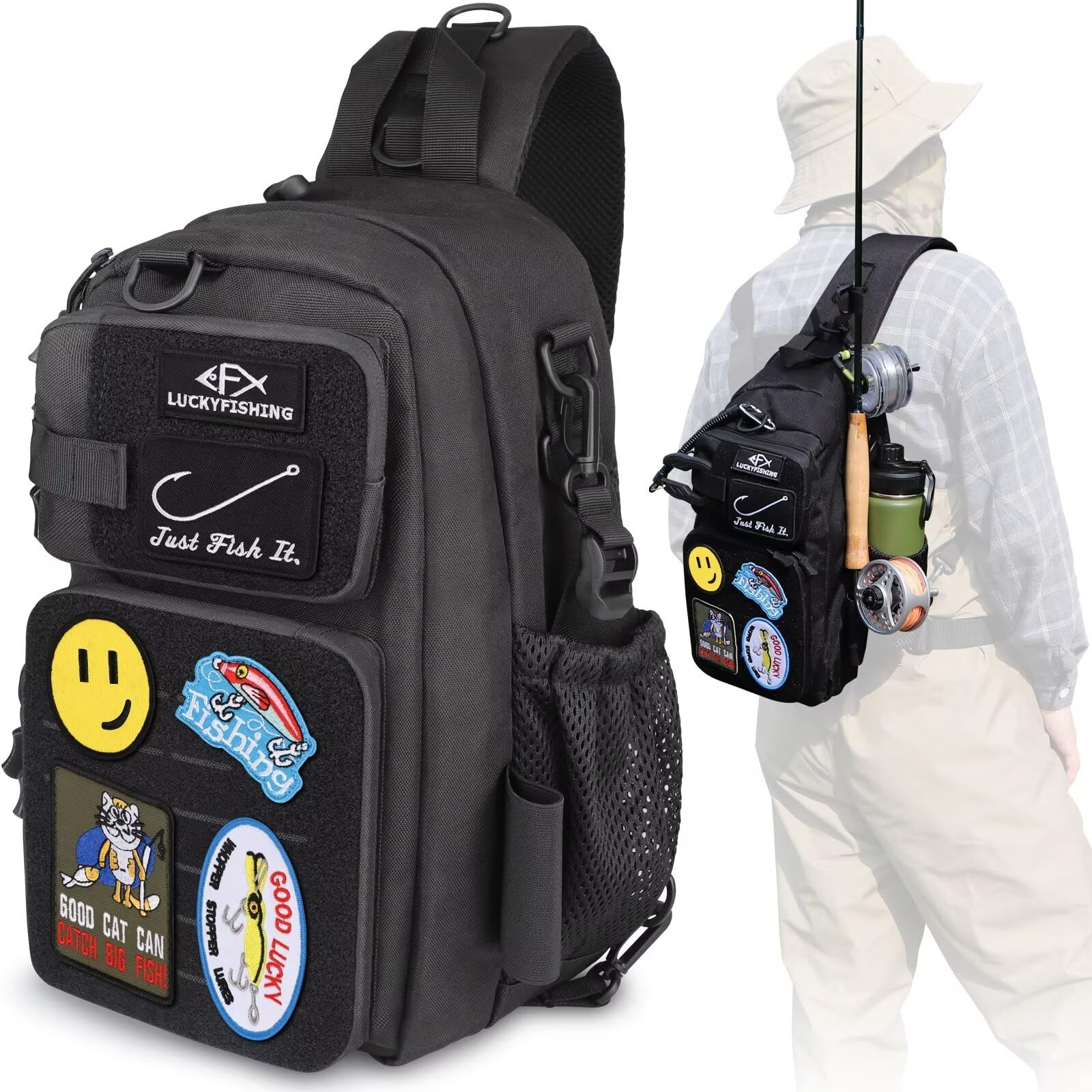 LUCKYFISHING Lightweight Fishing Sling Pack Backpack with Embroidery Patches - Durable Fly Fishing Gear for Men & Women - Perfect for Stream, River, and Lake Fishing Adventures