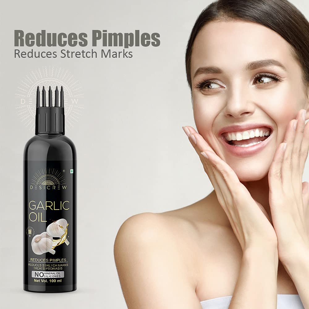 DESICREW Pure Cold Pressed Garlic Oil with Comb Applicator - Non-Sticky Hair Oil for Stronger, Thicker & Glossier Hair - Natural Moisturizer & Softener (100ml) - Perfect for Daily Hair Care & Scalp Massage at Home